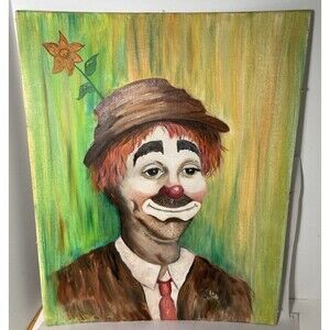 Vtg 1970's Acrylic Painting Clown Nice 16 x 20  Canvas Unframed Signed Jackye